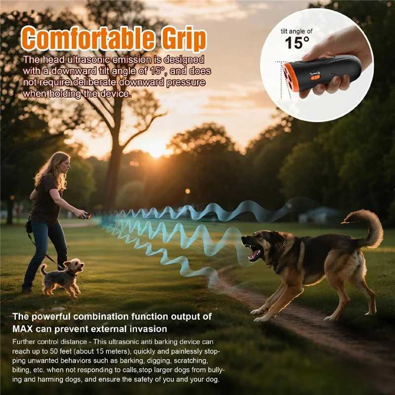 Dispositivo Portátil de Treino para Cães V7 com 3 Emissores Ultrassónicos, Dispositivo de Controlo de Latidos, com Luz LED - Laranja Preto