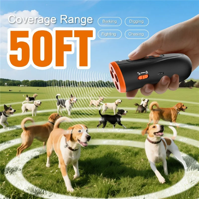 Dispositivo Portátil de Treino para Cães V7 com 3 Emissores Ultrassónicos, Dispositivo de Controlo de Latidos, com Luz LED - Laranja Preto