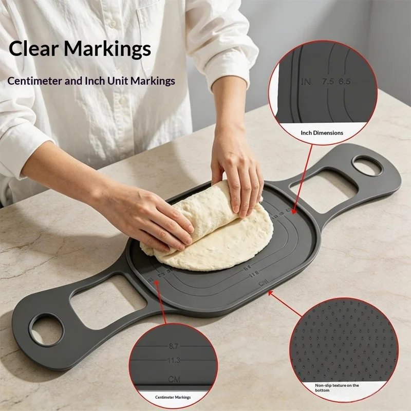 Oval Silicone Baking Mat Double Handle Heat Resistant Non-Slip Bread Mat for Baking Kneading (with FDA, BPA Free) - Grey