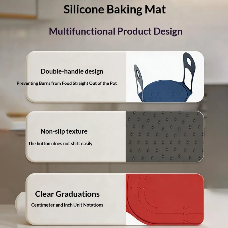 Oval Silicone Baking Mat Double Handle Heat Resistant Non-Slip Bread Mat for Baking Kneading (with FDA, BPA Free) - Grey