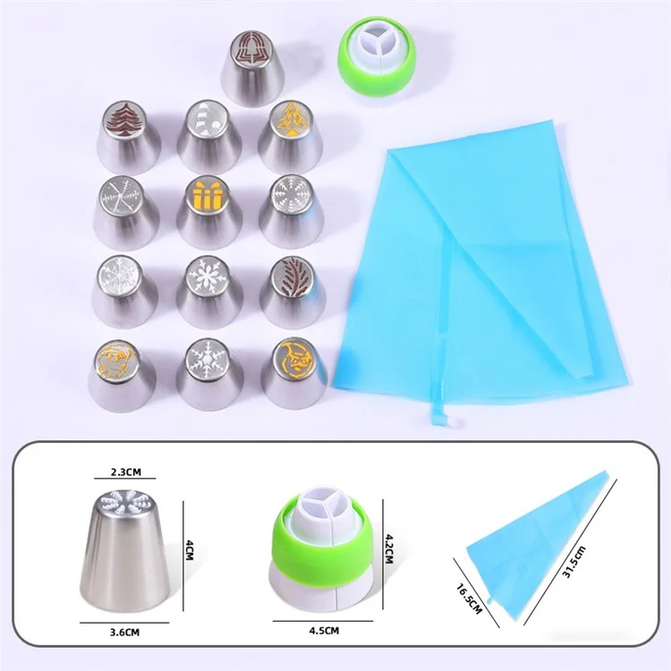 15Pcs / Set Christmas Icing Piping Nozzles with Cream Pastry Bag for Cake DIY Decorating (No FDA Certificate)