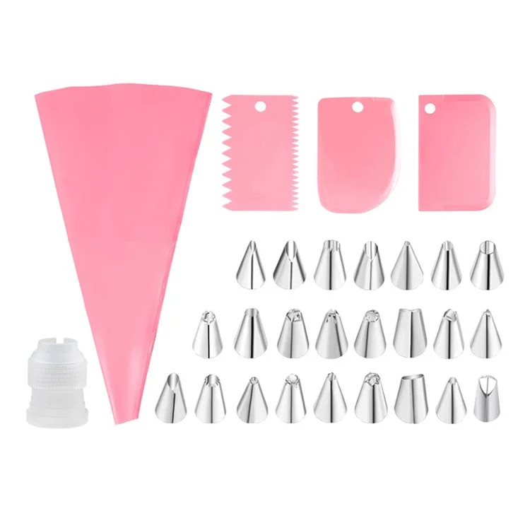 29Pcs  /  Set Christmas Cake DIY Tool Icing Piping Nozzles with Cream Pastry Bag Scrapers (No FDA Certificate) - Pink