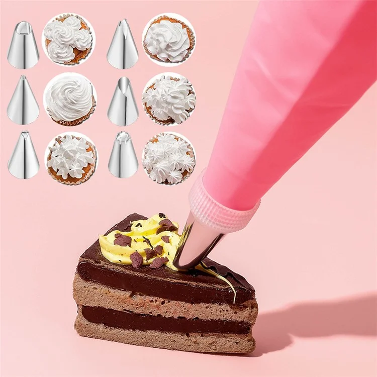 7Pcs / Set Icing Piping Nozzle Puff Cream Injector with Pastry Bag Christmas Cake Decorating Tools (No FDA Certificate) - Pink