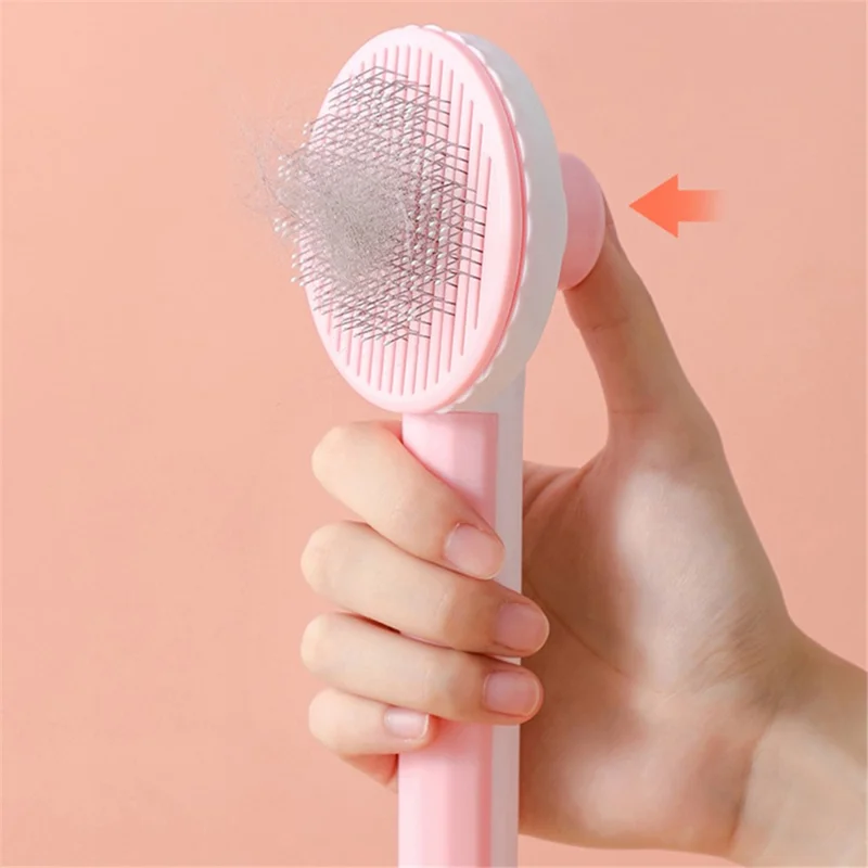 Self-Cleaning Cat Dog Brush Tangled Hair Cleaning Pet Grooming Comb Gift with Plastic Handle - Grey
