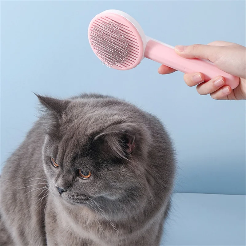 Self-Cleaning Cat Dog Brush Tangled Hair Cleaning Pet Grooming Comb Gift with Plastic Handle - Grey