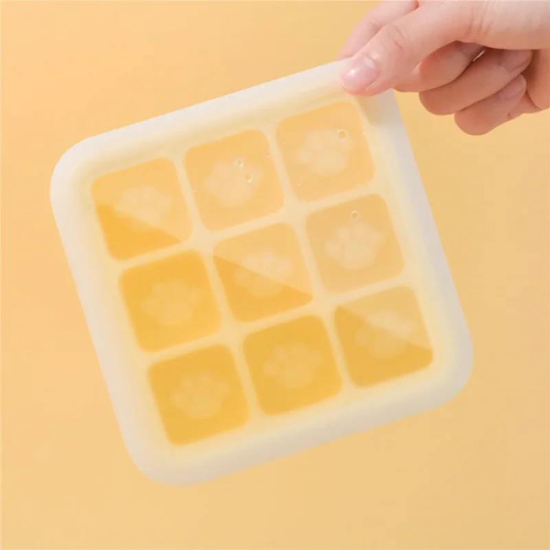 9 Grids Cat Paw Ice Mold with Lid Baby Food Silicone DIY Maker (No FDA) - Mango Yellow