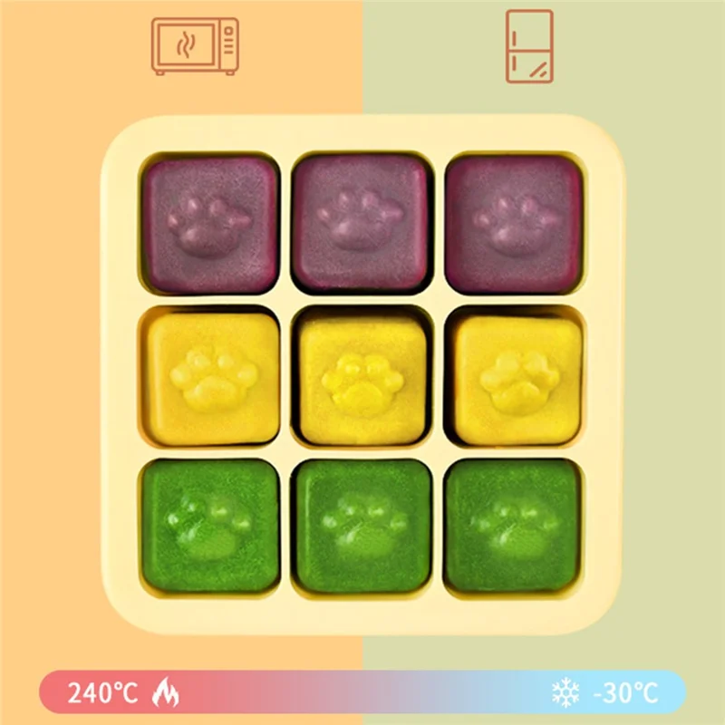 9 Grids Cat Paw Ice Mold with Lid Baby Food Silicone DIY Maker (No FDA) - Mango Yellow