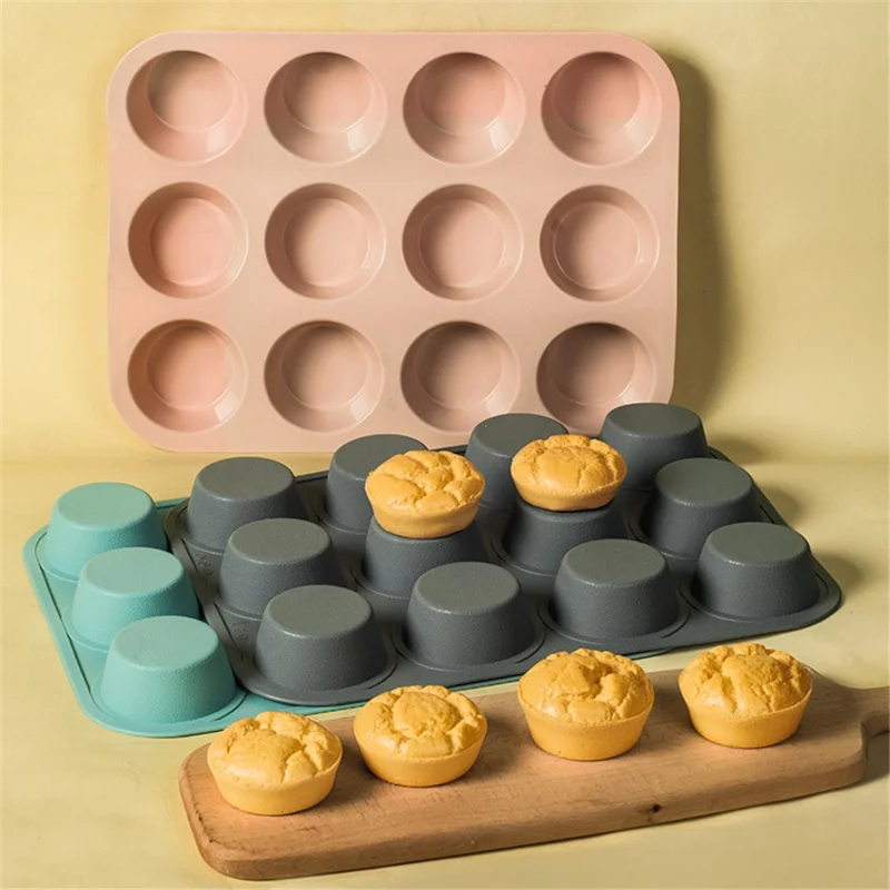 12-Cell Muffin Cup Cake Silicone Mold Chocolate Cake Baking Mold (BPA-Free, No FDA Certificate) - Pink