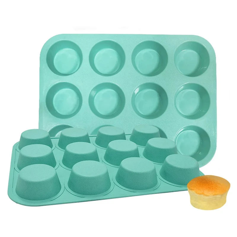12-Cell Muffin Cup Cake Silicone Mold Chocolate Cake Baking Mold (BPA-Free, No FDA Certificate) - Cyan