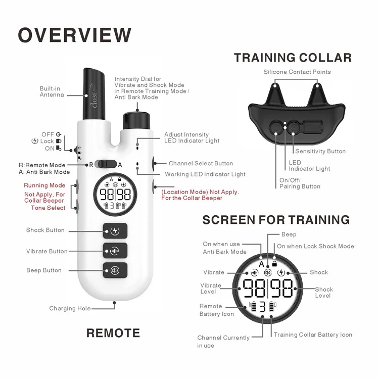 DB600T 2 colliers de dressage de chien vibrants LCD + 1 télécommande - Blanc