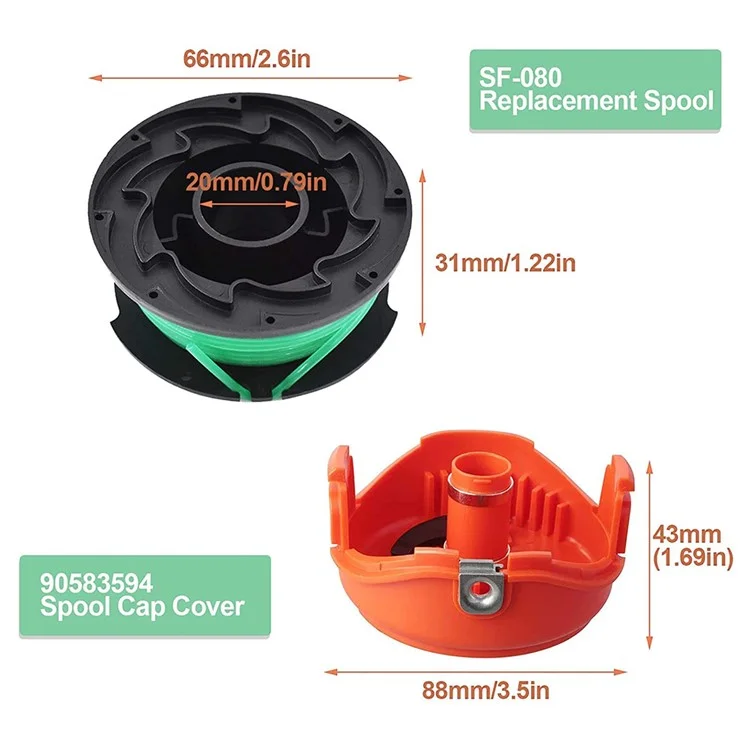 2 Spool Cap + 10 Replacement Spool for Black & Decker GH3000 / GH3000R / LST540 / LST540B Lawn Mower Spare Part, SF-080-BKP / 90583594