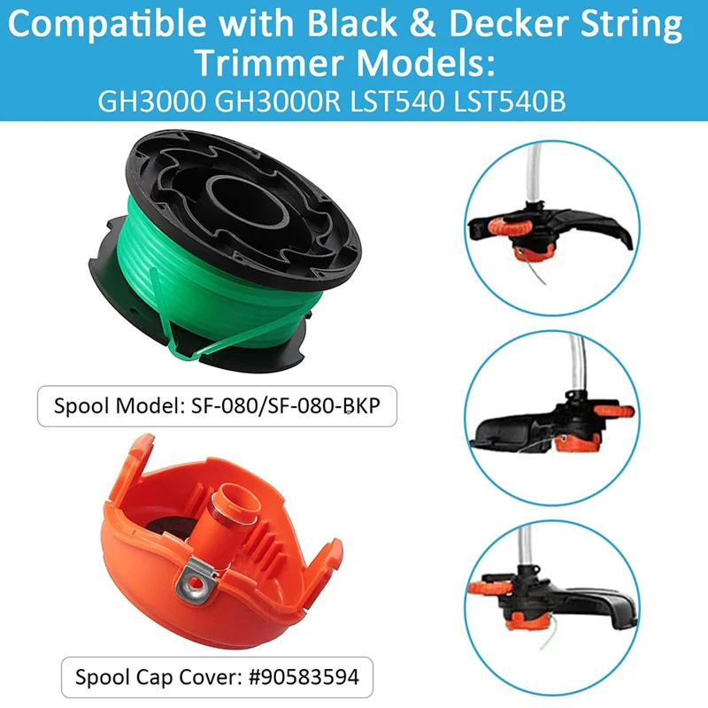 1 Spool Cap + 4 Replacement Spool for Black & Decker GH3000  /  GH3000R  /  LST540  /  LST540B Lawn Mower Spare Part, SF-080-BKP / 90583594