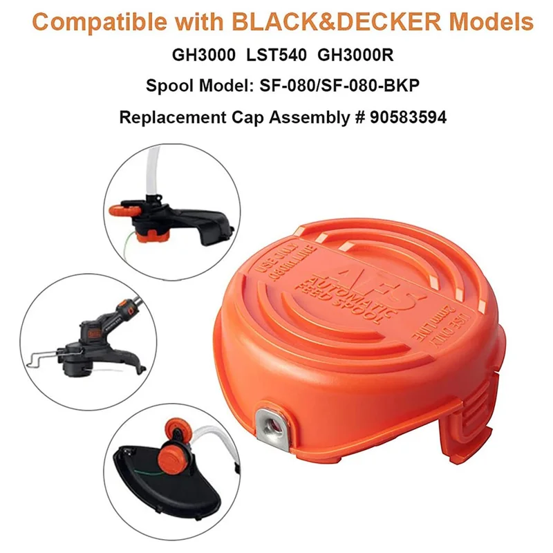 1 Spool Cap + 4 Replacement Spool for Black & Decker GH3000  /  GH3000R  /  LST540  /  LST540B Lawn Mower Spare Part, SF-080-BKP / 90583594