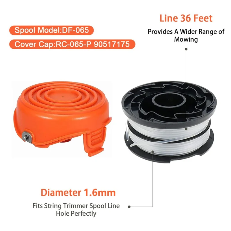8 Replacement Spool + 1 Spool Cap for Black & Decker GH750  /  GH710  /  GH700 Lawn Mower, DF-065-BKP / RC-065-P&90517175