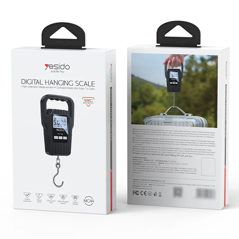 YESIDO MG44 Digital Hanging Scale 50kg LCD Backlight Portable Luggage Scale for Travel Kitchen - Black