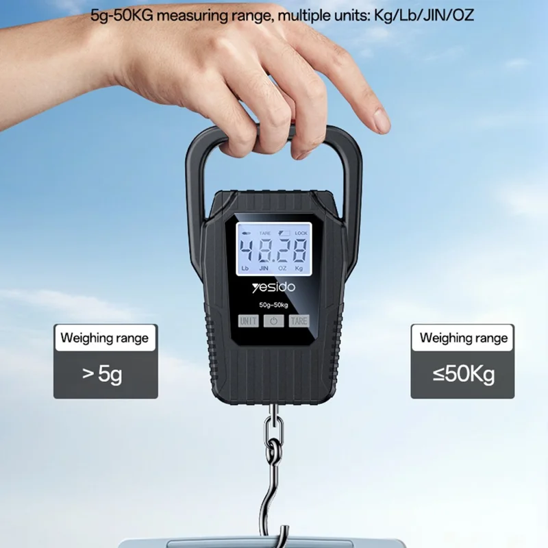 YESIDO MG44 Digital Hanging Scale 50kg LCD Backlight Portable Luggage Scale for Travel Kitchen - Black