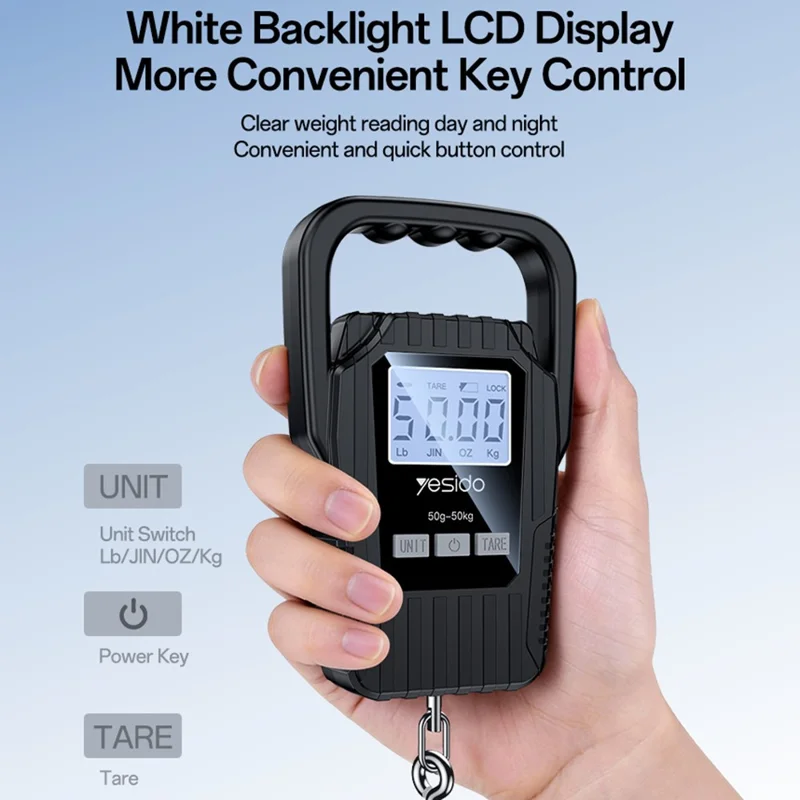 YESIDO MG44 Digital Hanging Scale 50kg LCD Backlight Portable Luggage Scale for Travel Kitchen - Black