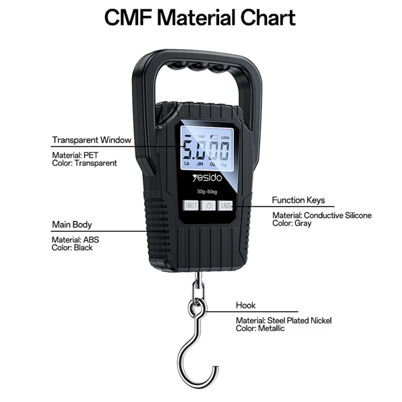 YESIDO MG44 Digital Hanging Scale 50kg LCD Backlight Portable Luggage Scale for Travel Kitchen - Black