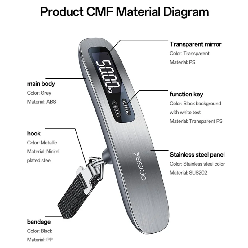 YESIDO MG41 Portable Electronic Luggage Scale 50kg LCD Display Travel Weight Scale - Grey