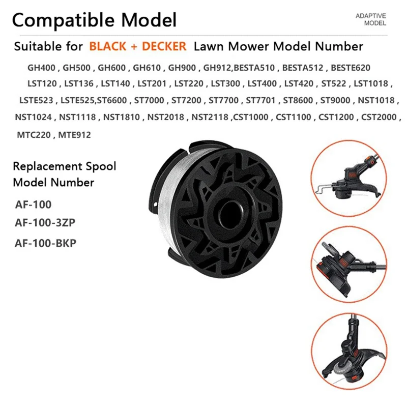 8Pcs Replacement Spool for Black & Decker GH400 / GH500 / GH600 Lawn Mower Wire Reels, AF-100-3ZP