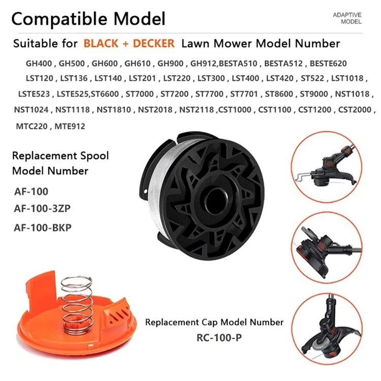 Lawn Mower Part for Black & Decker GH400  /  GH500  /  GH600 Replacement Spool + Cap + Spring, AF-100-3ZP+RC-100-P