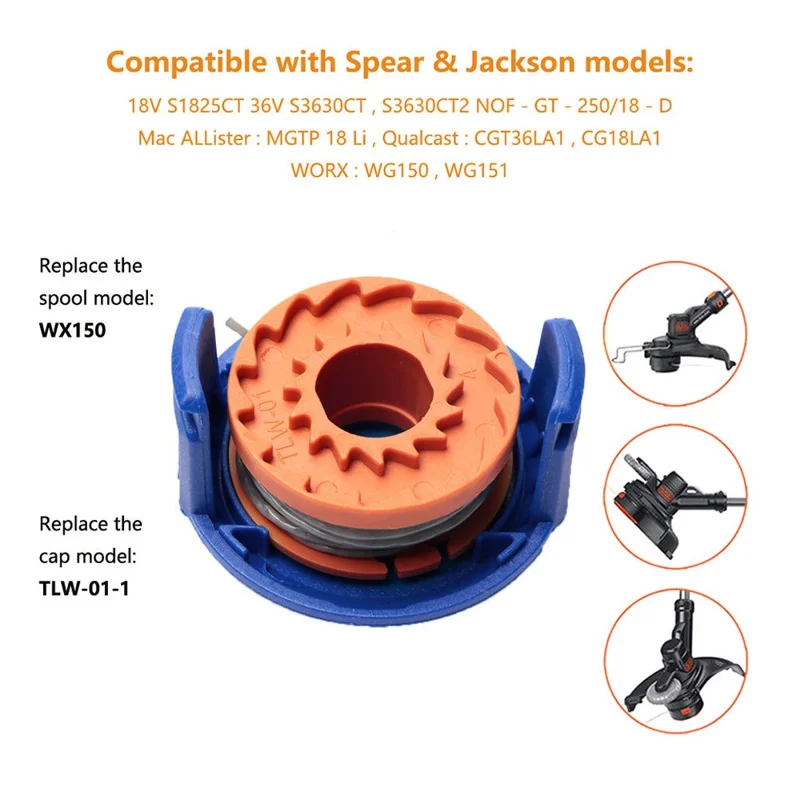 3 szpule WX150 + 1 pokrywa szpuli TLW-01-1 do Spear & Jackson / Mac Allister / Qualcast / Worx