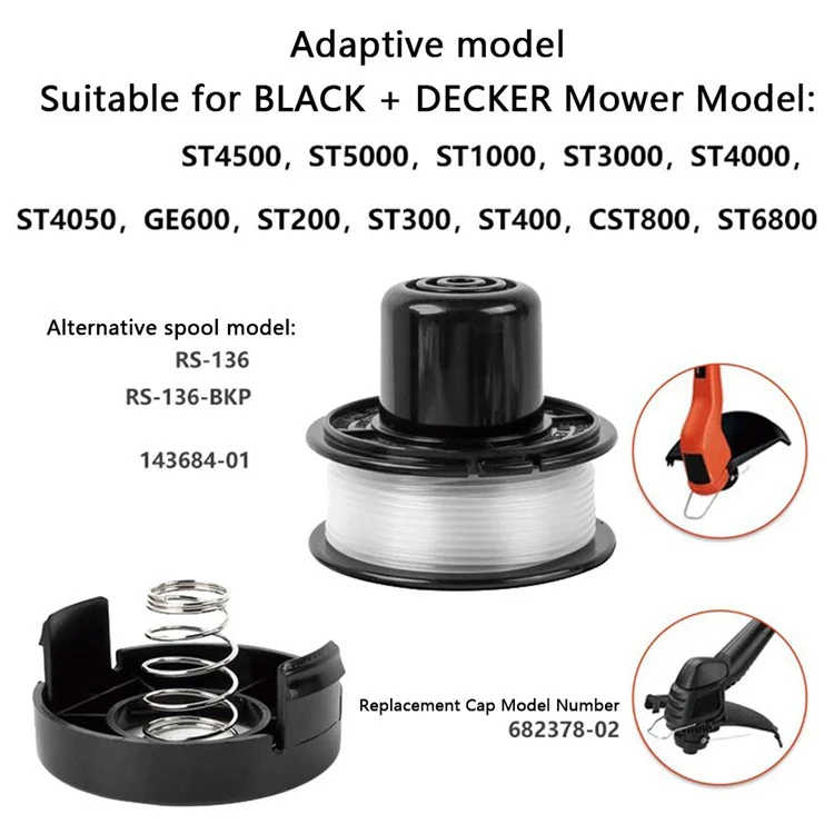 RS-136-BKP Катушка + 682378-02 Крышка катушки + Пружина для газонокосилки Black & Decker