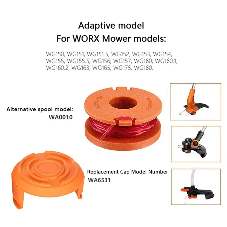Для Worx WG150 / WG151 / WG163 / G165 газонокосилки 2 катушки + 1 крышка для замены, WA0010 + WA6531
