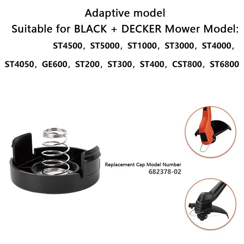 4 kapturki szpuli + 4 sprężyny do kosiarki Black & Decker ST1000 / ST3000 / ST4000 / ST4500, 682378-02