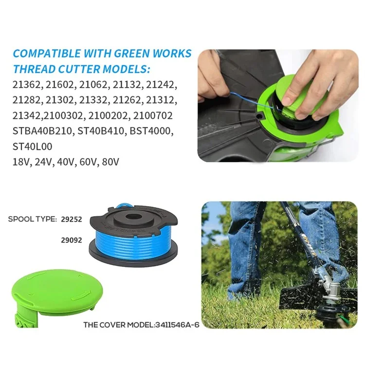 For Greenworks Lawn Mower 8 Line Spools + 1 Spool Cap, 29252 / 29092