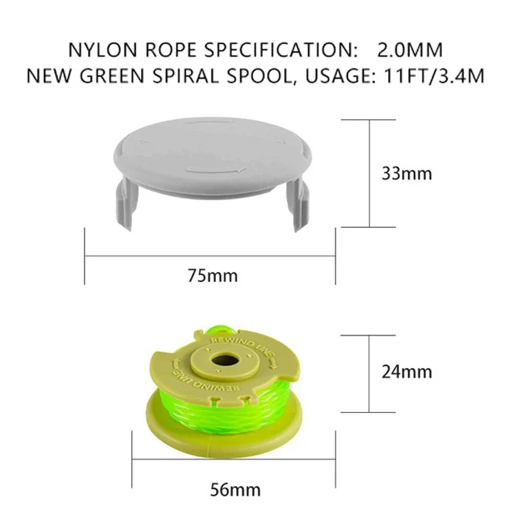 Für Ryobi One+ 18V 24V 40V Rasenmäher 6-Leitungs-Spule + 1 Spulenkappe, AC80RL3+AC14HCA