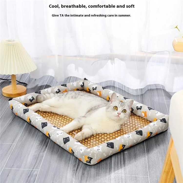 90x70cm Pet Rattan Cooling Mat Rest Schlafbett Sommerkatzenbett Hundematte - Grau / Katze