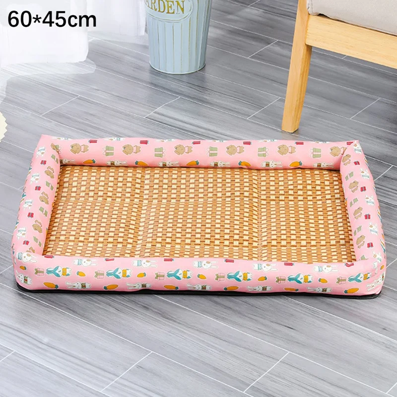 60x45cm Pet Rattan Cooling Mat Rest Sleeping Bed Summer Cat Dog Bed Floor Mat - Pink / Rabbit