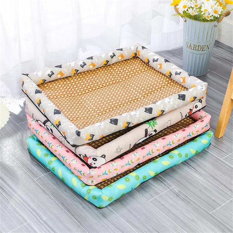 60x45cm Pet Rattan Cooling Mat Rest Sleeping Bed Summer Cat Dog Bed Floor Mat - Pink / Rabbit