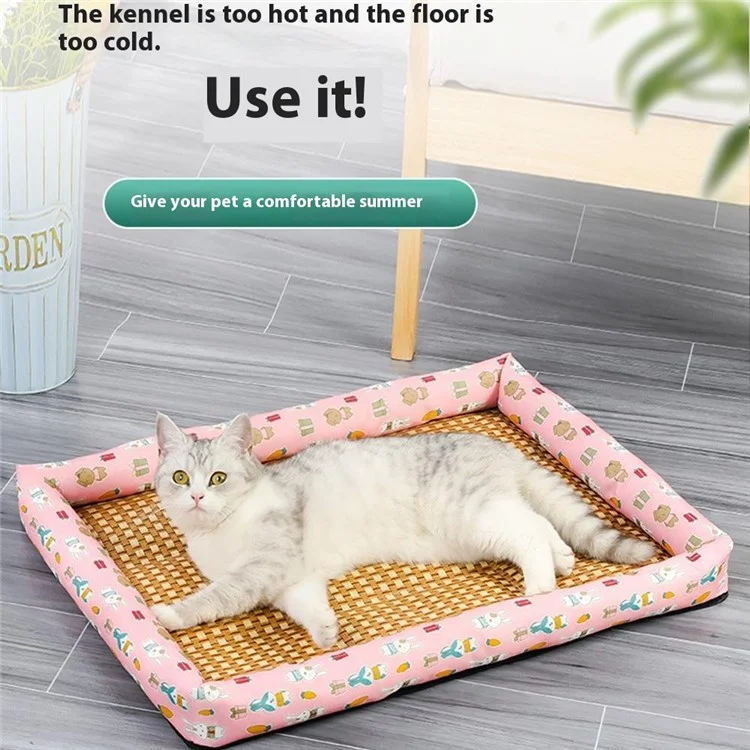 Tappetino rinfrescante in rattan da 70x55 cm per animali domestici, letto per animali domestici, letto per gatti e cani estivo - Grigio / Gatto