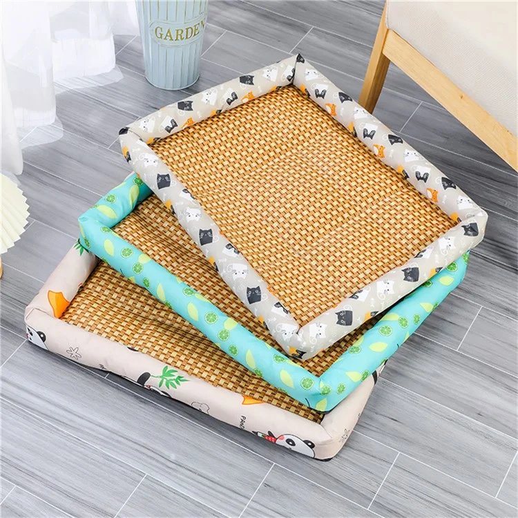 Tappetino rinfrescante in rattan da 70x55 cm per animali domestici, letto per animali domestici, letto per gatti e cani estivo - Grigio / Gatto