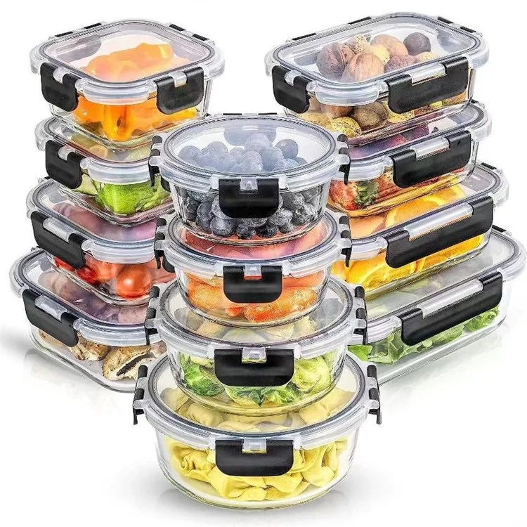 12Pcs Microwave Oven Food Storage Containers Set Borosilicate Glass Fresh Keeping Box (BPA Free, No FDA) - Black