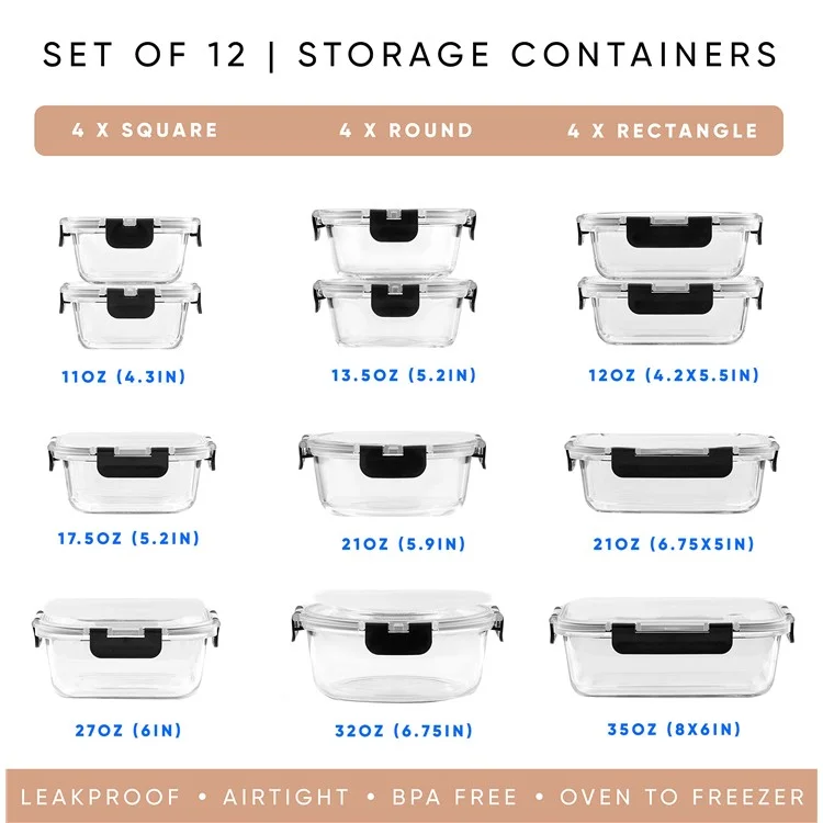 12Pcs Microwave Oven Food Storage Containers Set Borosilicate Glass Fresh Keeping Box (BPA Free, No FDA) - Black