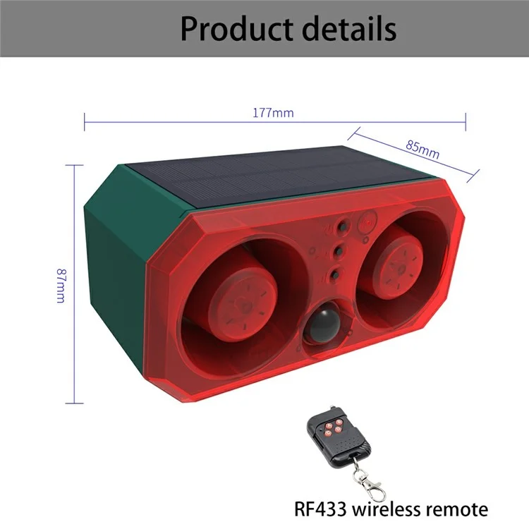 Sistema di allarme a doppio altoparlante con sensore di movimento, luce lampeggiante rossa e blu, alimentato a energia solare per allontanare gli animali N911T.