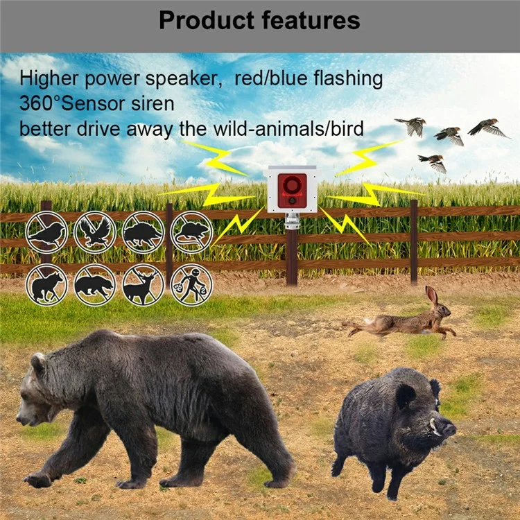 Détecteur de mouvement solaire N911U avec répulsif pour animaux, capteur 360°, projecteur de sécurité et haut-parleur puissant à 4 canaux.