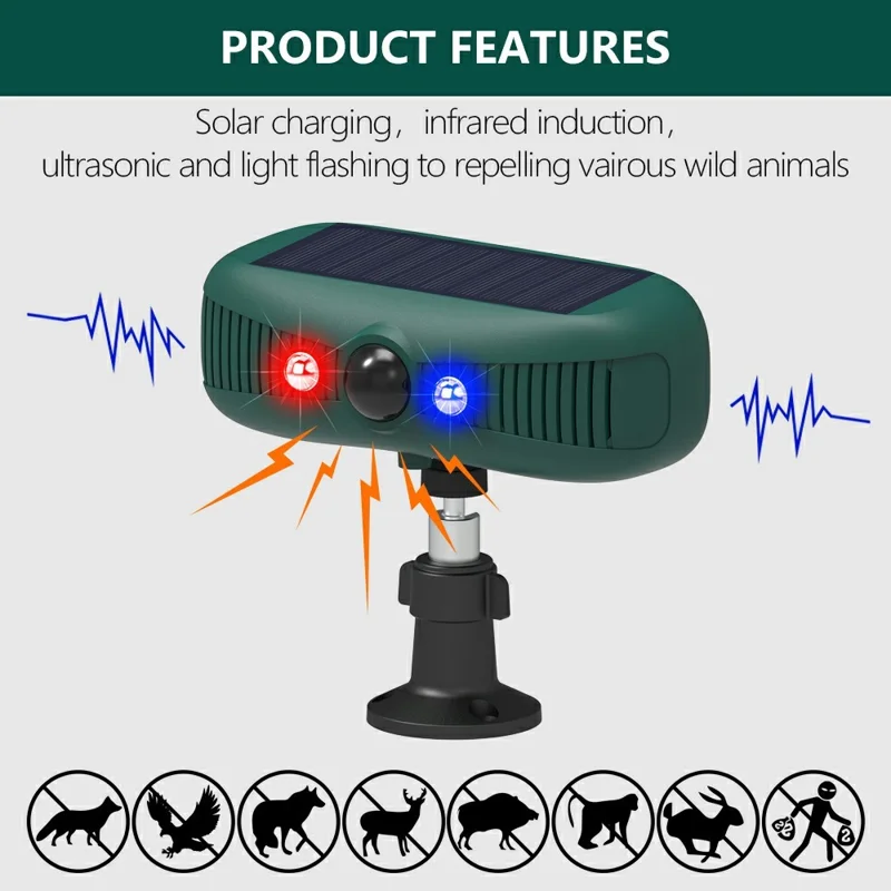 N911Y Solar Powered Alarm Infrared Motion Sensor Sound Light Warning High Frequency Ultrasonic Animal Voice Repellent