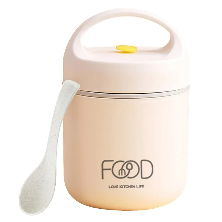 Fiambrera de acero inoxidable 304 de una sola capa, aislada, con contenedor de sopa portátil y cuchara (Sin FDA, libre de BPA) - Beige