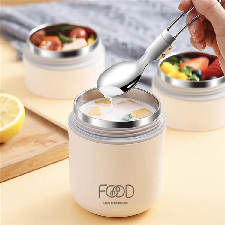 Fiambrera de acero inoxidable 304 de una sola capa, aislada, con contenedor de sopa portátil y cuchara (Sin FDA, libre de BPA) - Beige