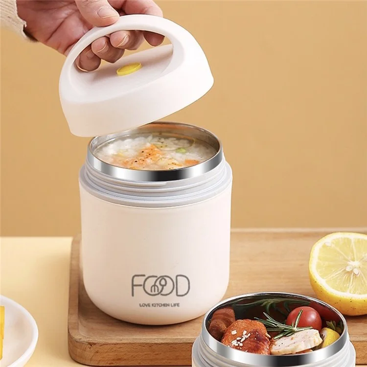 Fiambrera de acero inoxidable 304 de una sola capa, aislada, con contenedor de sopa portátil y cuchara (Sin FDA, libre de BPA) - Beige