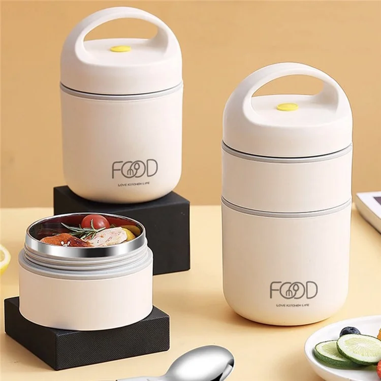 Fiambrera de acero inoxidable 304 de una sola capa, aislada, con contenedor de sopa portátil y cuchara (Sin FDA, libre de BPA) - Beige