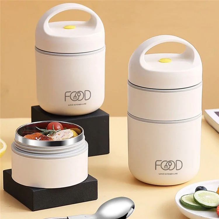 Caja de almuerzo portátil de doble capa de PP Recipiente de comida aislado de acero inoxidable 304 para trabajadores de oficina (sin BPA, sin FDA) - Beige