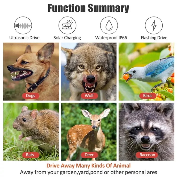 SJZ059 Répulsif solaire à LED Éclat Répulsif animal Ultrasonique Répulsif rongeurs Appareil extérieur