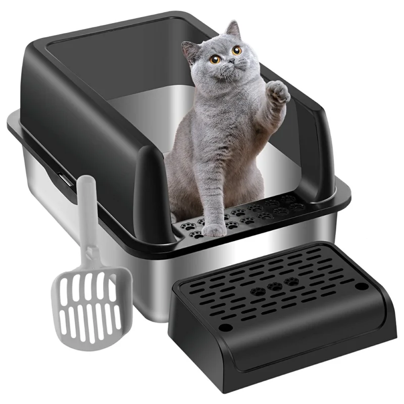 Stainless Steel Cat Litter Box High Sides Anti Scatter Easy Clean Pet Cat Toilet, 60x40x20cm - Black