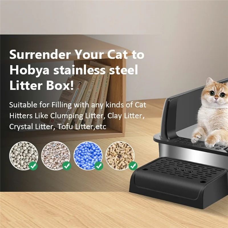 Stainless Steel Cat Litter Box High Sides Anti Scatter Easy Clean Pet Cat Toilet, 60x40x20cm - Black