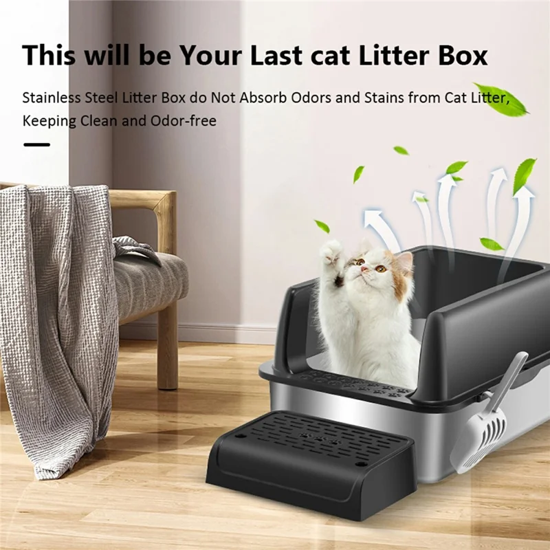 Stainless Steel Cat Litter Box High Sides Anti Scatter Easy Clean Pet Cat Toilet, 60x40x20cm - Black